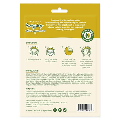 FACETORY K Beauty Face Mask Skin Care - Everyday OLIVE Skin Balancing Sheet Mask | Plant-Based with