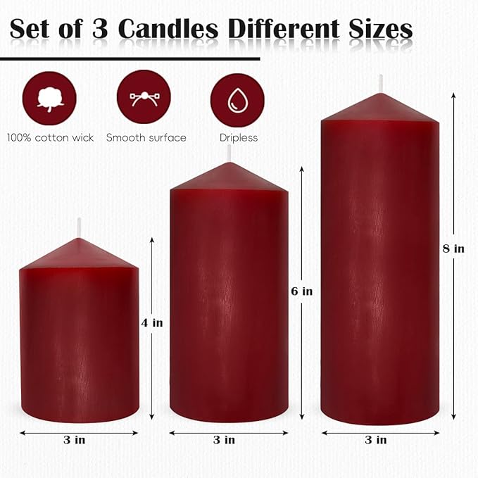 Dripless 3x4 3x6 3x8 Inch Red Burgundy Pillar Candles, 3 Packs Unscented Long Lasting Large Solid