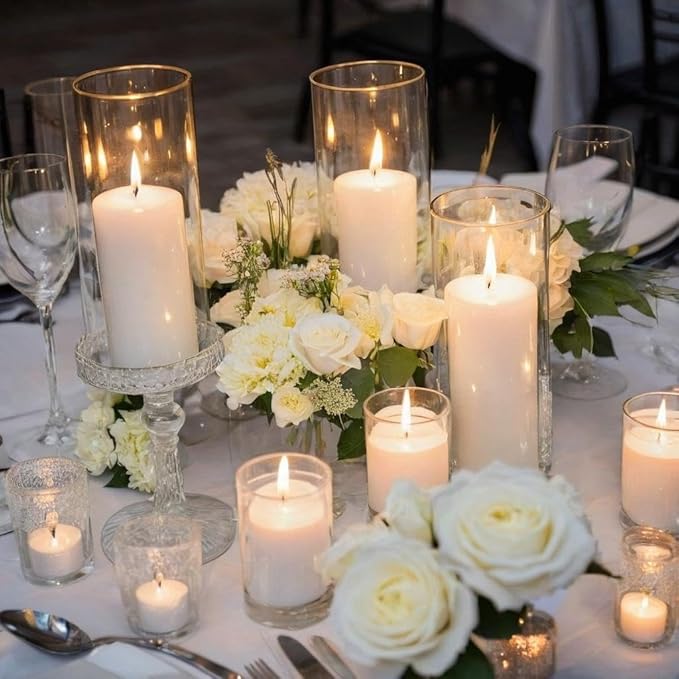 24 Pcs White Pillar Candles and Glass Candle Holders, Clear Cylinder Vases Pillar Candle Holders