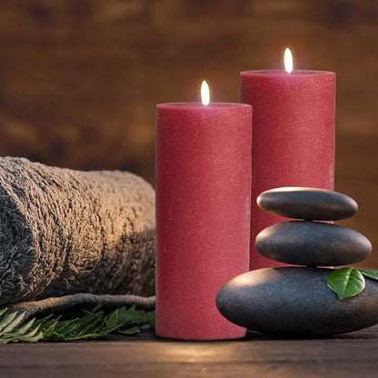 Mottled Pillar Candles by Bask - Set of 6-3" x 6" Dripless Unscented Holiday Candles in Cranberry