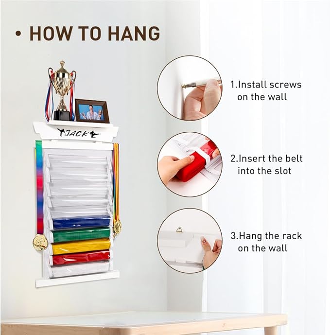 Tilhumt 12/10 Belts Karate Belt Display Rack with Stickers, Taekwondo Belt Display with