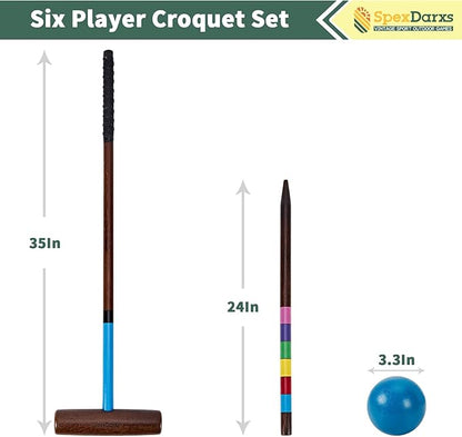 Six Player Croquet Sets, 35’’ Croquette Set with Premium Wooden Mallets/Colored
