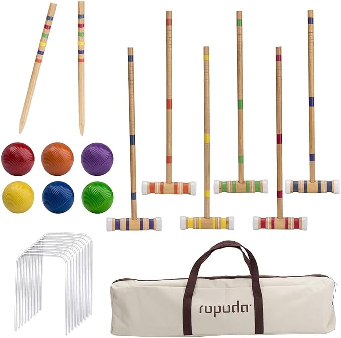 ropoda Six-Player Croquet Set with Wooden Mallets, Colored Balls, Sturdy Carrying Bag for Adults