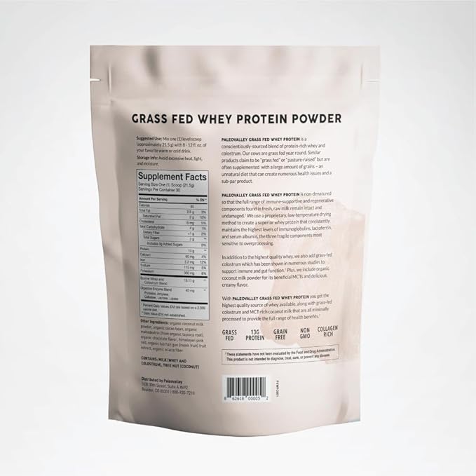 Paleovalley 100% Grassfed Whey Protein Powder with Colostrum, 13g Protein, Vanilla, Muscle