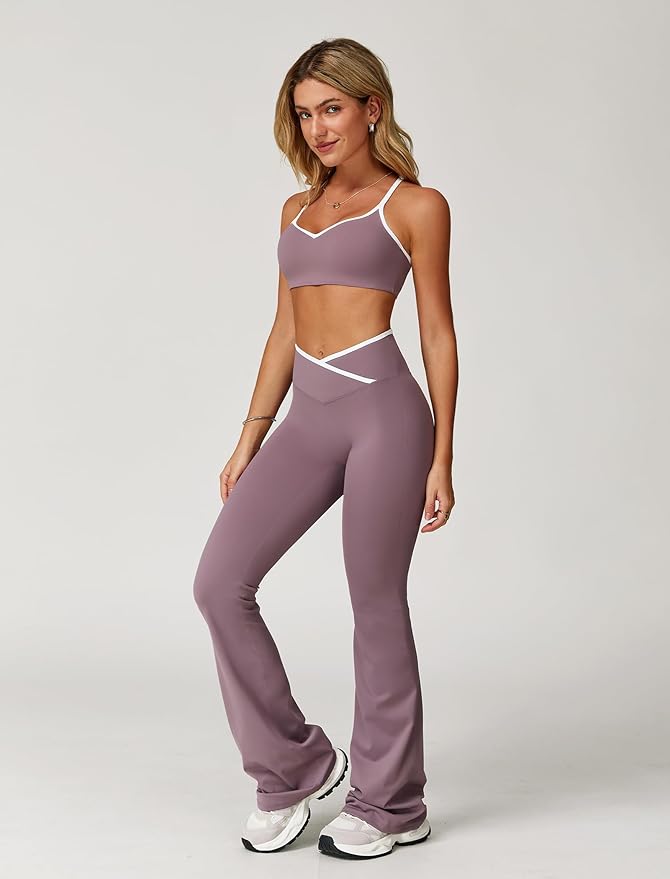 ABOCIW Workout Sets for Women 2 Piece Color Block Strappy Sports Bra High Waist Leggings Gym Yoga