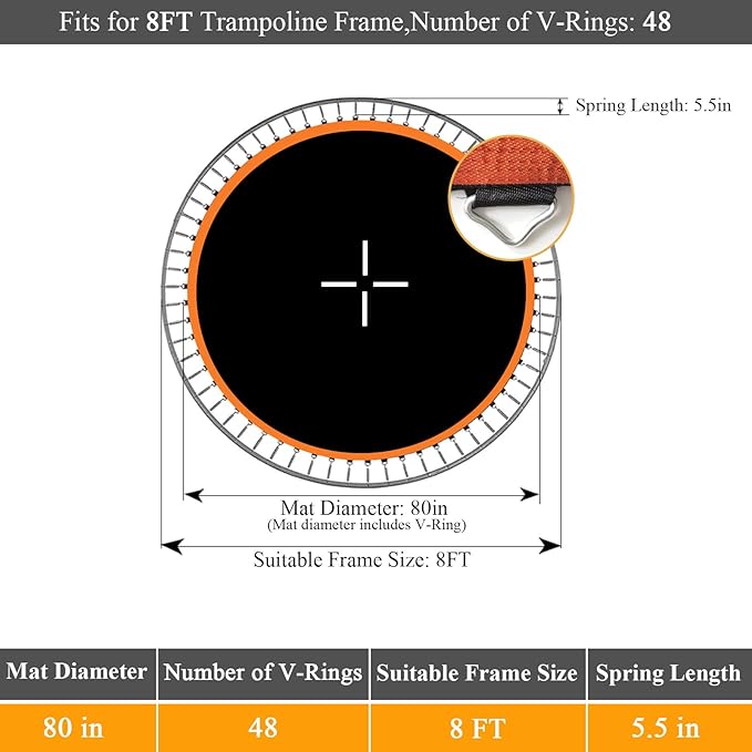 Trampoline Mat, Dia:80", Fits 8FT Round Frame, with 48 V-Rings and Spring Tool, Replacement Jumping