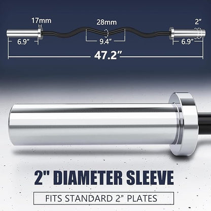 TECHNOAGE Olympic EZ Curl Bar, 47" Curl Bar(350/500LBS Capacity) 20LB, Solid Steel, Chrome Finish