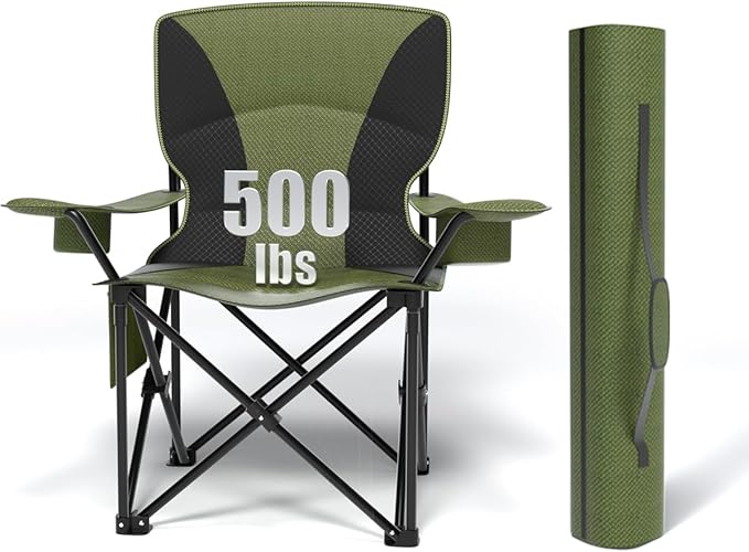 Heavy Duty Folding Chair 500LB Capacity, Oversized Camping Chairs with Cup Holder, Cooler Bag &