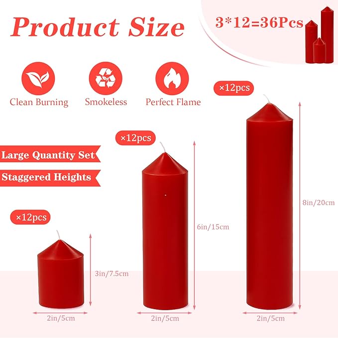 36 Pcs Red Pillar Candles Bulk Set，Hurricane Candlesï¼? Different Lengths (12 Each)，Dripless