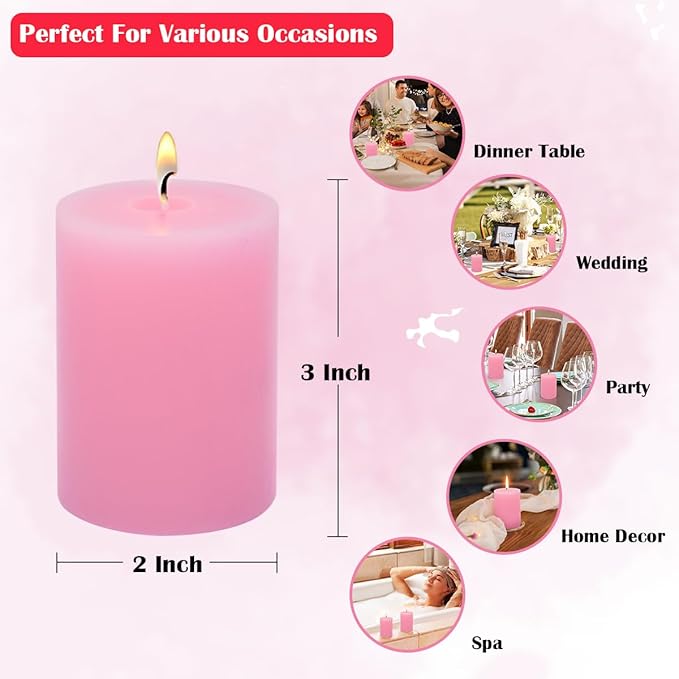 2x3 Inch Pink Pillar Candles Small 24 Hours Unscented Dripless Flat Top Column Cylinder Candles for
