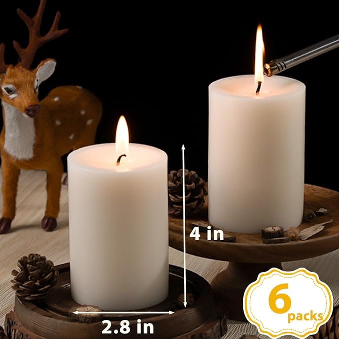 Unscented Ivory Pillar Candles Set of 6-2.8x4 inch - Dripless and Smokeless Large Pillar Candles