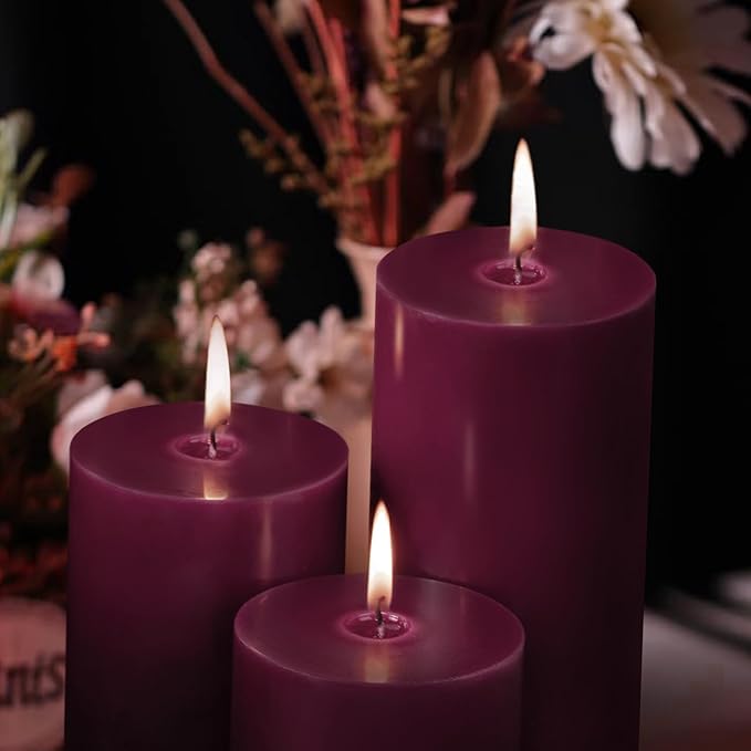 KONNI Purple Pillar Candles Set of 3, 3"x 4" Unscented Pillar Candles Bulk, 39 Hours Long Burning