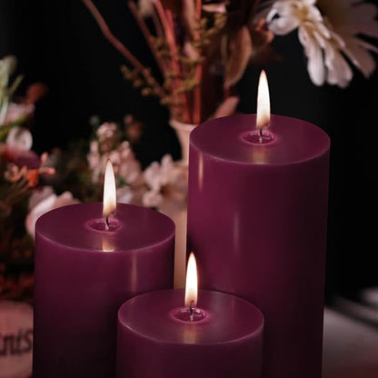 KONNI Purple Pillar Candles Set of 3, 3"x 4" Unscented Pillar Candles Bulk, 39 Hours Long Burning