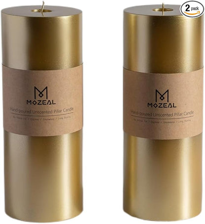 MOZEAL 4" x 10" Extra-Large Gold Pillar Candles (Set of 2), Unscented,Dripless, Smokeless,Long