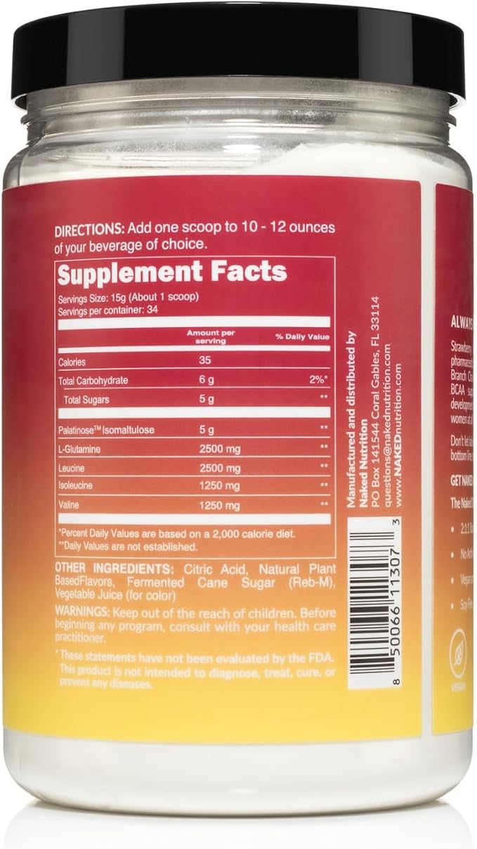 NAKED Strawberry Lemonade BCAAs Amino Acids Powder, 100% Pure 2:1:1 Formula, Vegan Branched Chain