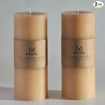 MOZEAL 4" x 10" Extra-Large Beige Pillar Candles (Set of 2), Unscented, Dripless, Smokeless,Long