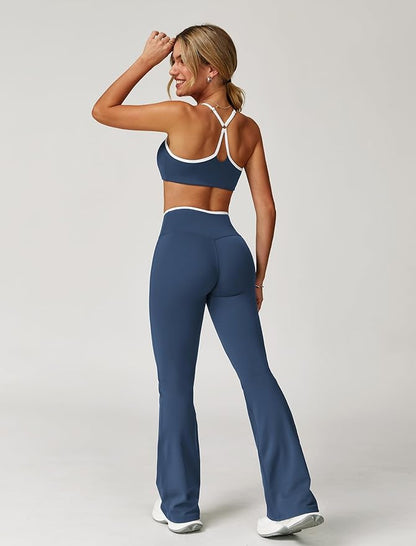 ABOCIW Workout Sets for Women 2 Piece Color Block Strappy Sports Bra High Waist Leggings Gym Yoga