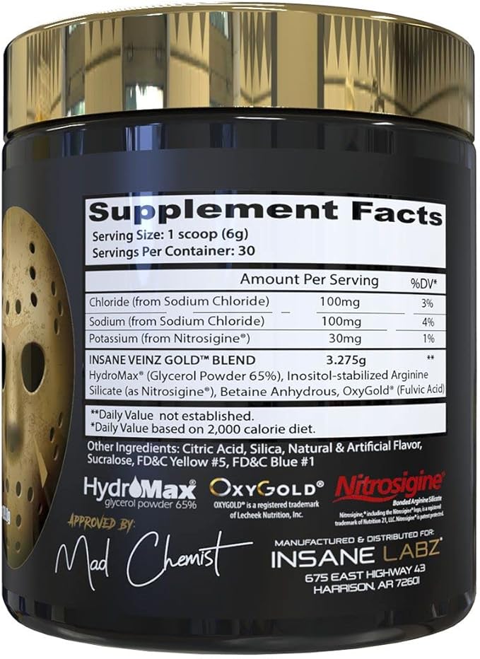 Insane Labz Insane Veinz Gold, Nitric Oxide Non Stimulant pre Workout Powder, Loaded with Hydromax
