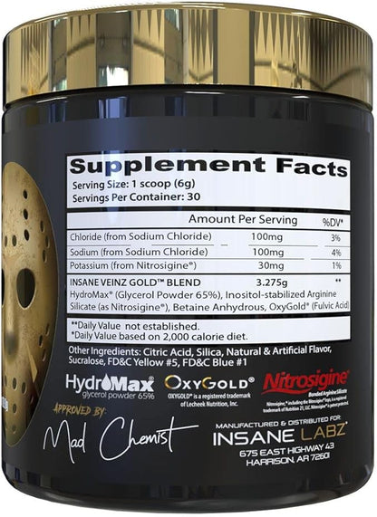 Insane Labz Insane Veinz Gold, Nitric Oxide Non Stimulant pre Workout Powder, Loaded with Hydromax