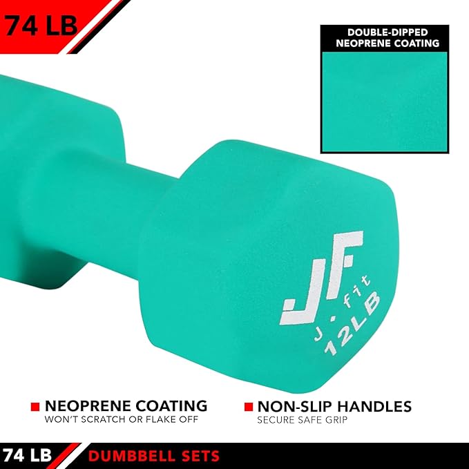 JFIT Dumbbell Pairs or Sets – Neoprene & Vinyl Coated Hand Weights for Home Gym, Strength Training