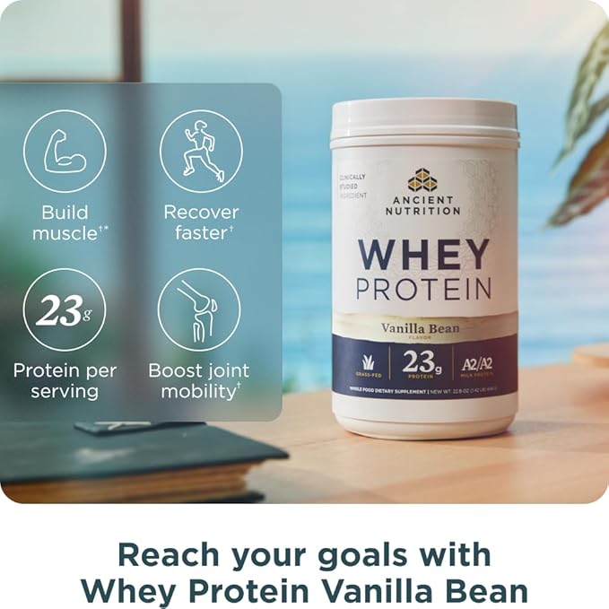 Ancient Nutrition Grass Fed Whey Protein, Vanilla Bean, 23g Protein, 20 Servings, Hydrolyzed