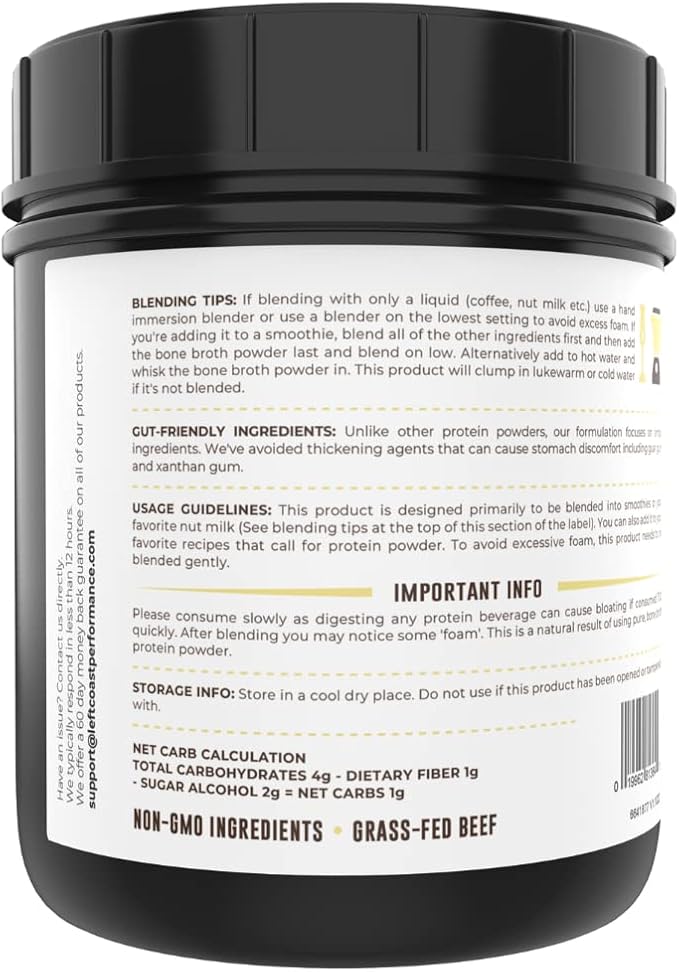 16oz Vanilla Bone Broth Protein Powder From Grass Fed Beef - Non-GMO Ingredients, Gut-Friendly, Low