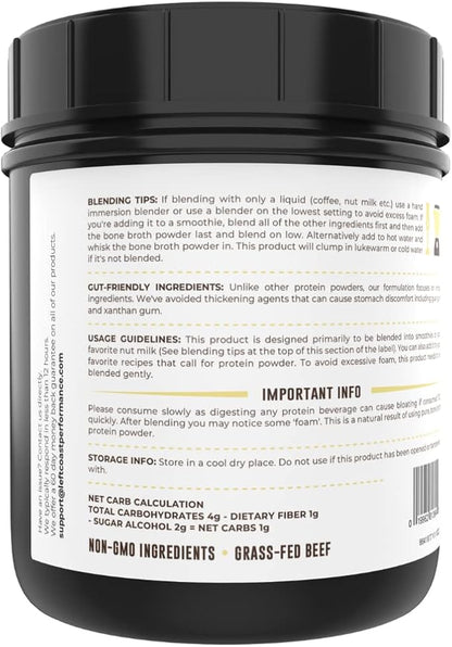 16oz Vanilla Bone Broth Protein Powder From Grass Fed Beef - Non-GMO Ingredients, Gut-Friendly, Low