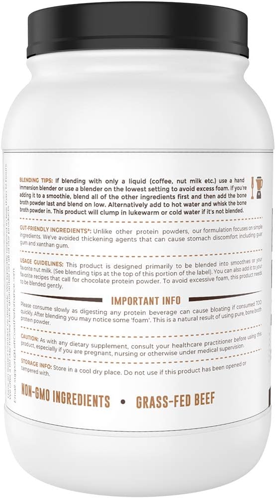Bone Broth Protein Powder, Chocolate, Grass Fed 2lbs, 42 servings 16g protein, 13g Collagen. Low