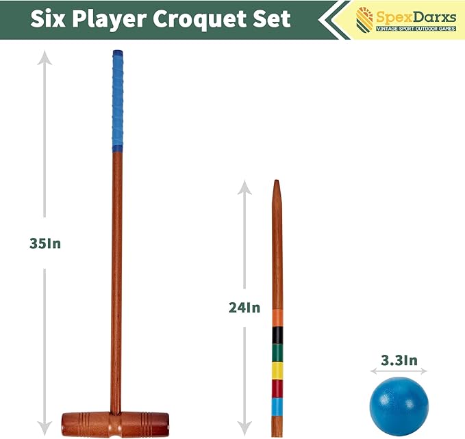35’’ Deluxe Croquet Set, Six Player Croquette Game with Premium Wooden Mallets, Colored Balls