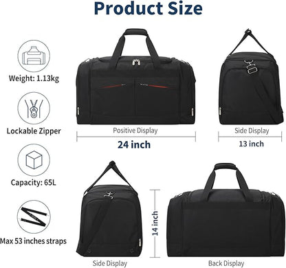 24 inch Large Gym Bag for Men - 65L Hard Bottom Duffle Bag with Shoes Compartment for Sport/Travel