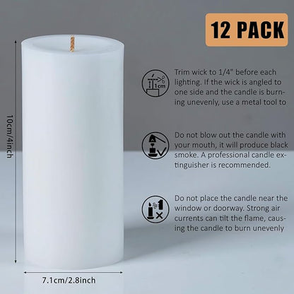 12 White Pillar Candles, 3x4 Inches Unscented Pillar Candles for Home,Wedding,Church, Dripless and