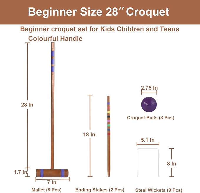28In Croquet Party Set for 8 Players - Made of Long-Lasting Pine Wood, Family Fun for Backyards