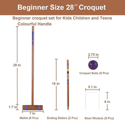 28In Croquet Party Set for 8 Players - Made of Long-Lasting Pine Wood, Family Fun for Backyards
