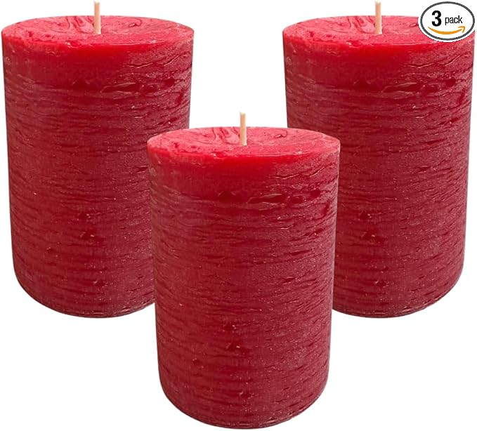Mister Candle Dripless Unscented Rustic Red Pillar Candles, Set of 3 Hand Poured Solid Color