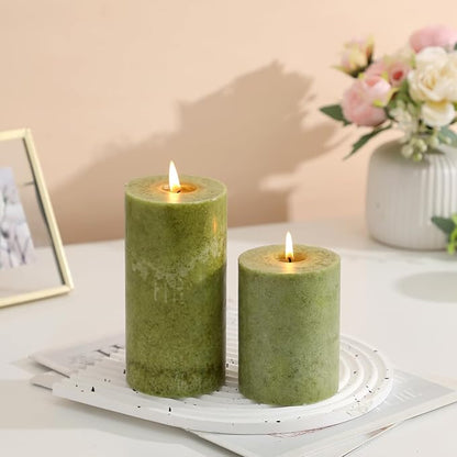 3x6 inch Green Pillar Candles Set of 3, Unscented Pillar Candle, Dripless and Smokeless Large