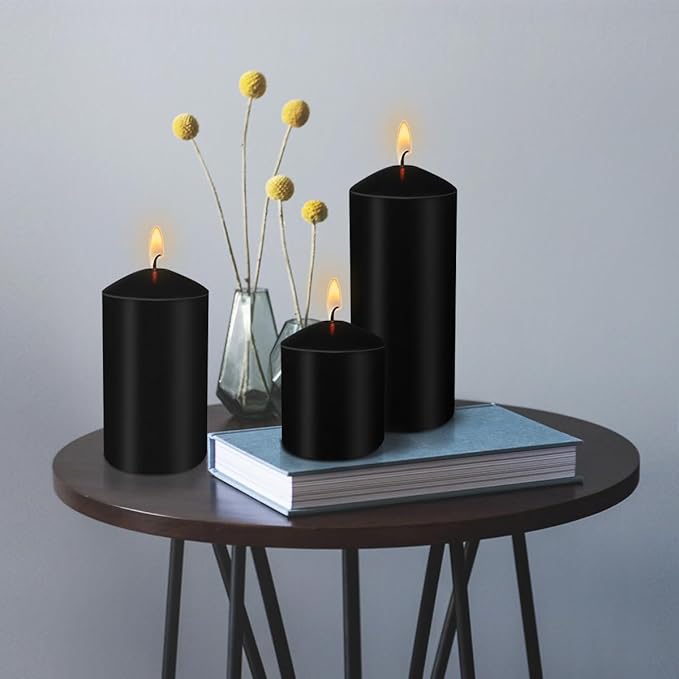 Pillar Candles 3 x 4, 6, and 8 inches, Large Handmade Candles Set of 3, Black Decorative Candles