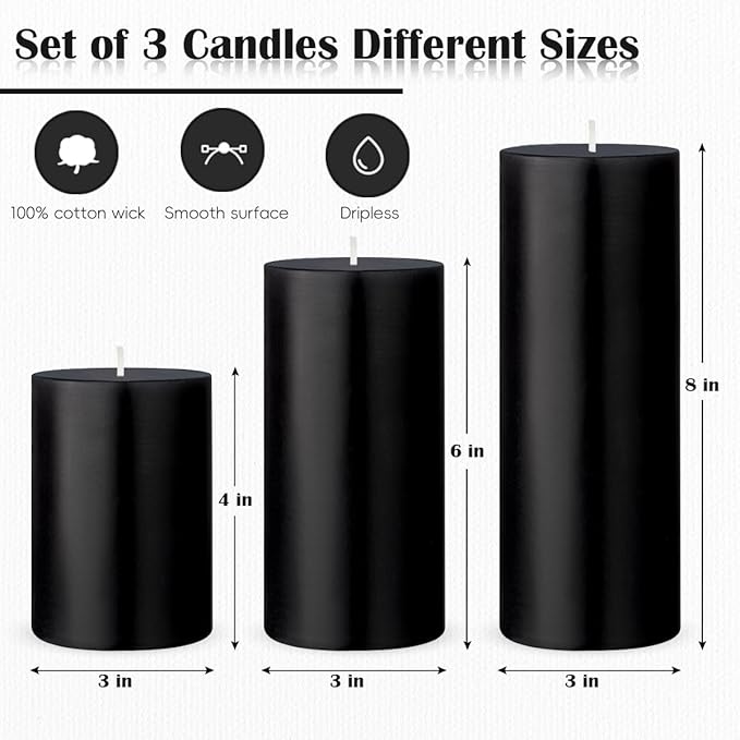 3 Packs Unscented Different Size Black Pillar Candles, Dripless Non-Toxic Smokeless 3x4, 3x6, 3x8