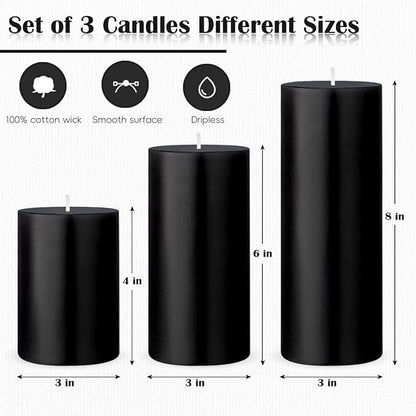 3 Packs Unscented Different Size Black Pillar Candles, Dripless Non-Toxic Smokeless 3x4, 3x6, 3x8