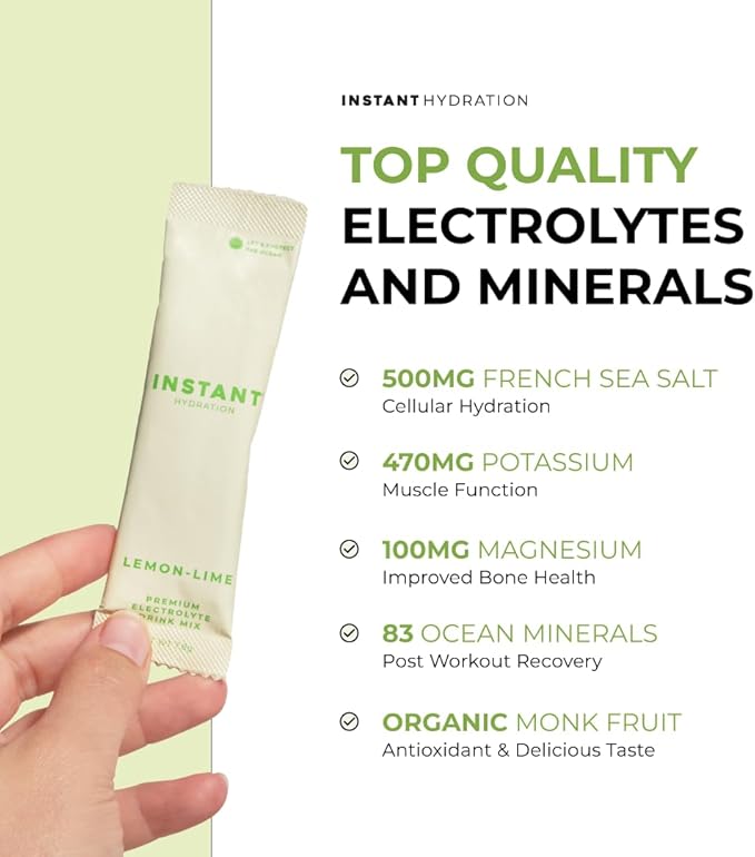 Instant Hydration Electrolytes Powder Packets - Lemon Lime Drink Mix - Zero Sugar - Keto, Vegan