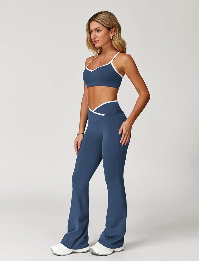 ABOCIW Workout Sets for Women 2 Piece Color Block Strappy Sports Bra High Waist Leggings Gym Yoga