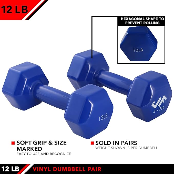 JFIT Dumbbell Pairs or Sets – Neoprene & Vinyl Coated Hand Weights for Home Gym, Strength Training
