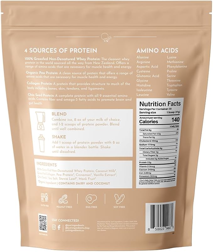 JUST INGREDIENTS Snickerdoodle Protein Powder ??30-Serving Blend with 100% Grass-Fed Whey & Organic