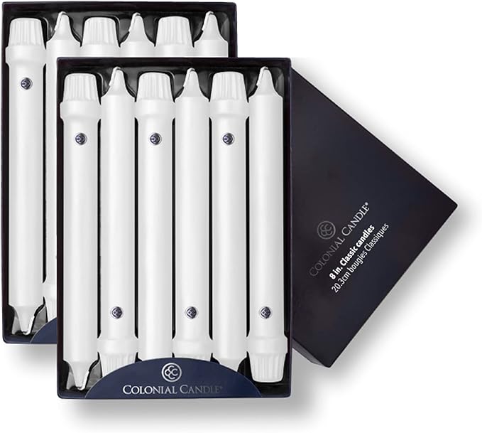 Colonial Candle Unscented Taper Candle, Classic Collection, White, 8 In, Pack of 12 - Up to 6 Hours