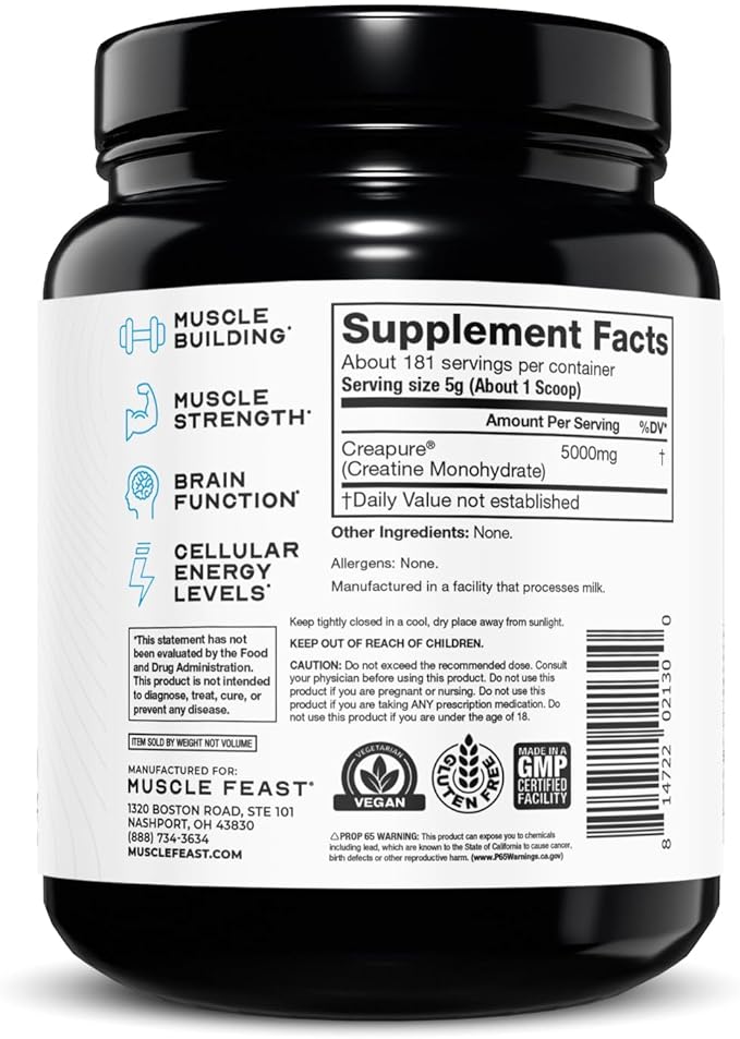 Muscle Feast Creapure Creatine Monohydrate Powder, Vegan Keto Friendly Gluten-Free, Mass Gainer