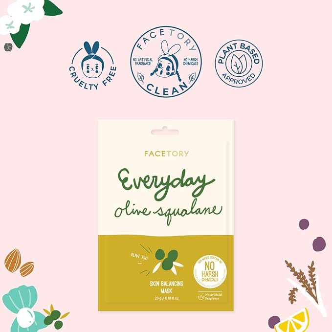 FACETORY K Beauty Face Mask Skin Care - Everyday OLIVE Skin Balancing Sheet Mask | Plant-Based with