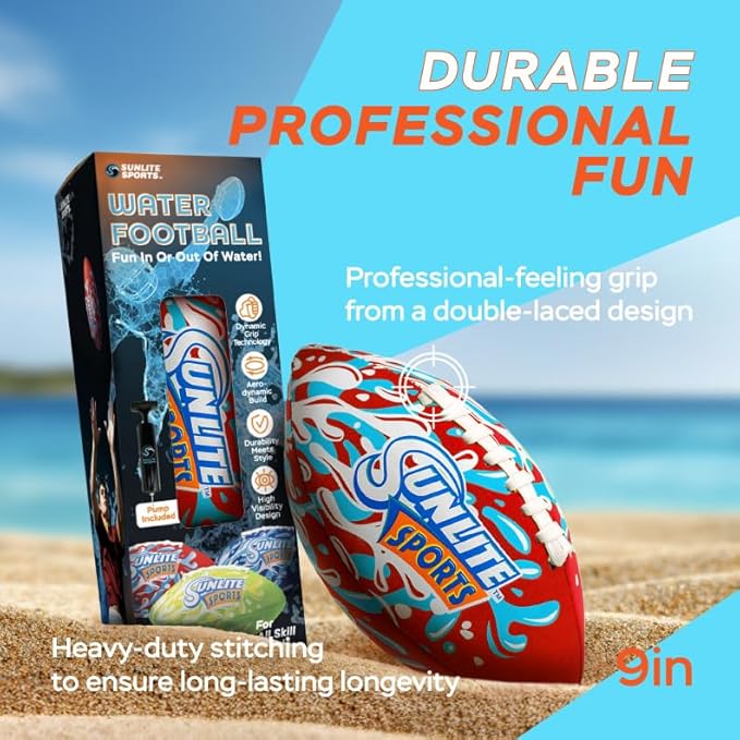 Sunlite Sports Waterproof Football for Lawn Backyard Pool Beach Lake Park Water Toy, Outdoor Play