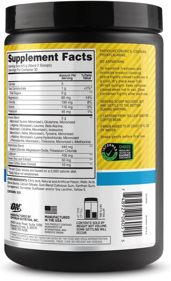 Optimum Nutrition Amino Energy Powder Plus Hydration, with BCAA, Electrolytes, and Caffeine