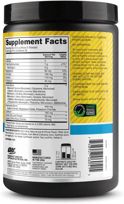 Optimum Nutrition Amino Energy Powder Plus Hydration, with BCAA, Electrolytes, and Caffeine