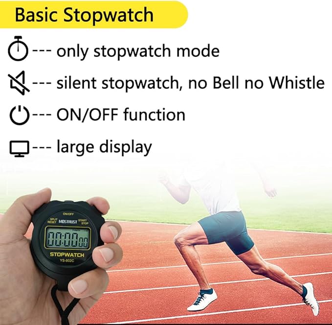 Digital Simple Stopwatch, 1/30 Lap Basic Stopwatch, No Bells, No Clock, No Alarm, Silent, Child