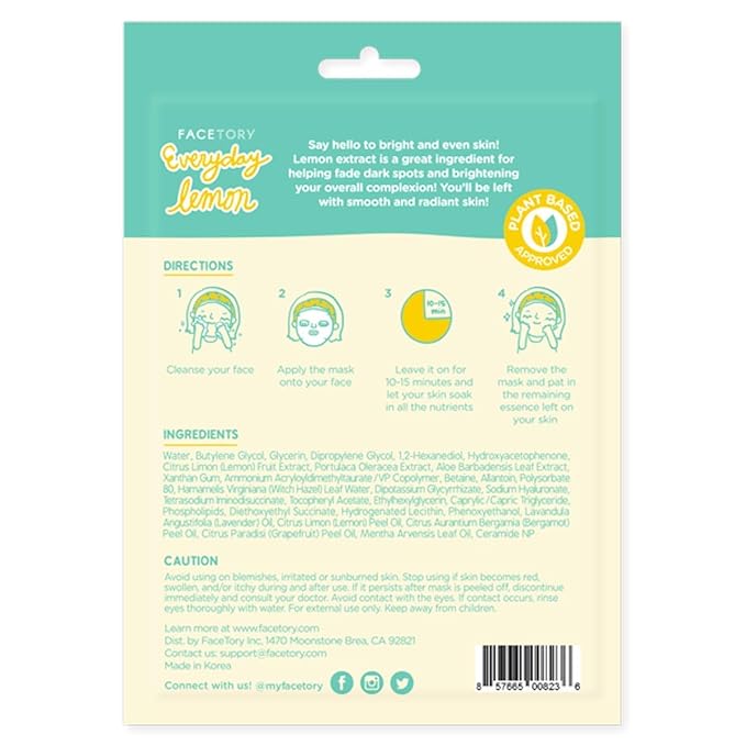 FACETORY K Beauty Face Mask Skin Care - Everyday LEMON Brightening Sheet Mask | Plant-Based with